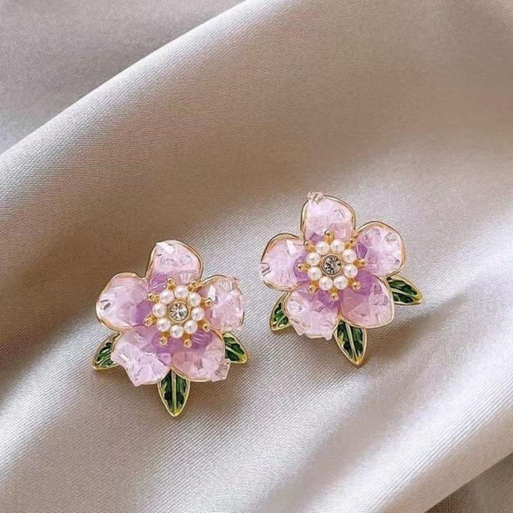 925 Sterling Silver Pink Flower Stud‎ Earrings – Handmade Crystal & Pearl Detai